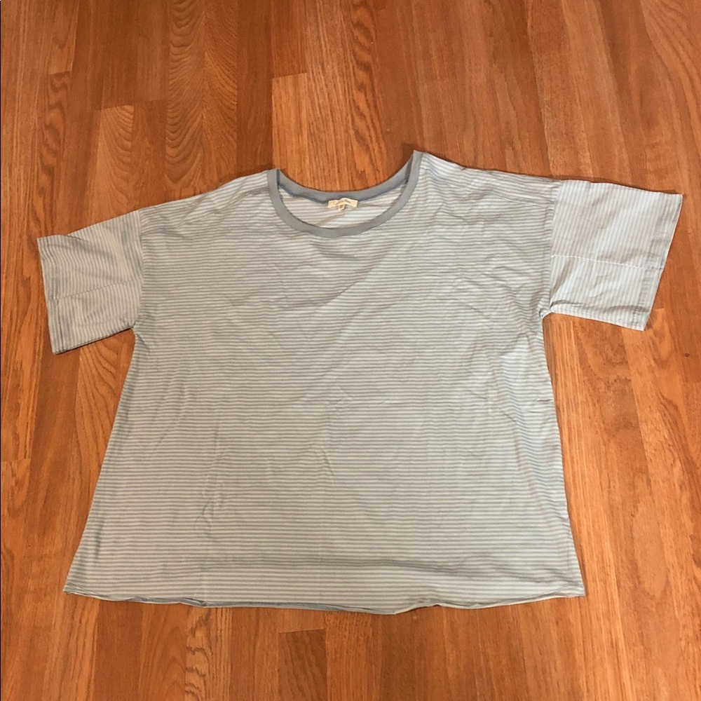 Cotton Blue Light Green Striped Short Sleeve Tee Short Sleeve Round Neck Casual